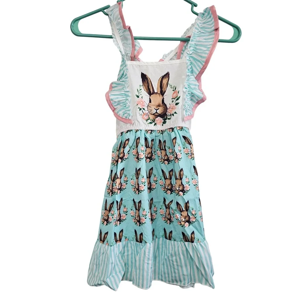 Boutique‎ Easter Bunny Floral Ruffle Pinafore Dress Mint Green Striped Girls 6Y